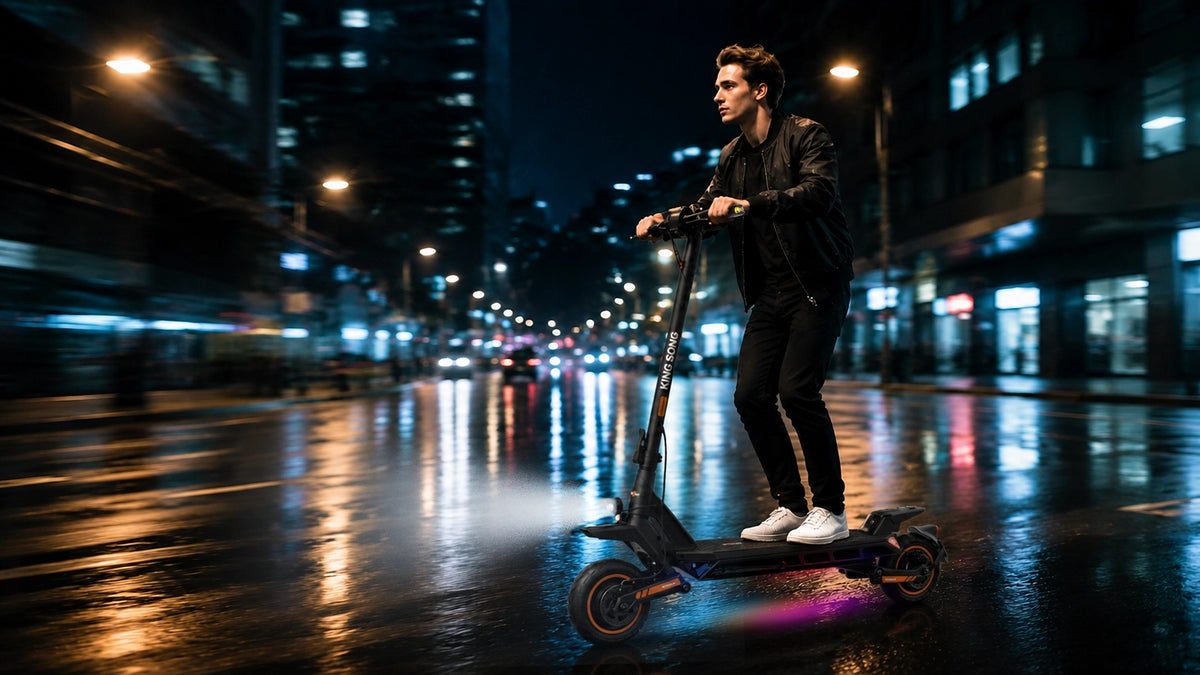 Rider on a Kingsong N12T3 electric scooter on a lit city street at night