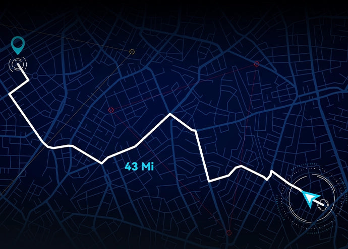 Kingsong N12T3 electric scooter range graphic showing a 43-mile route