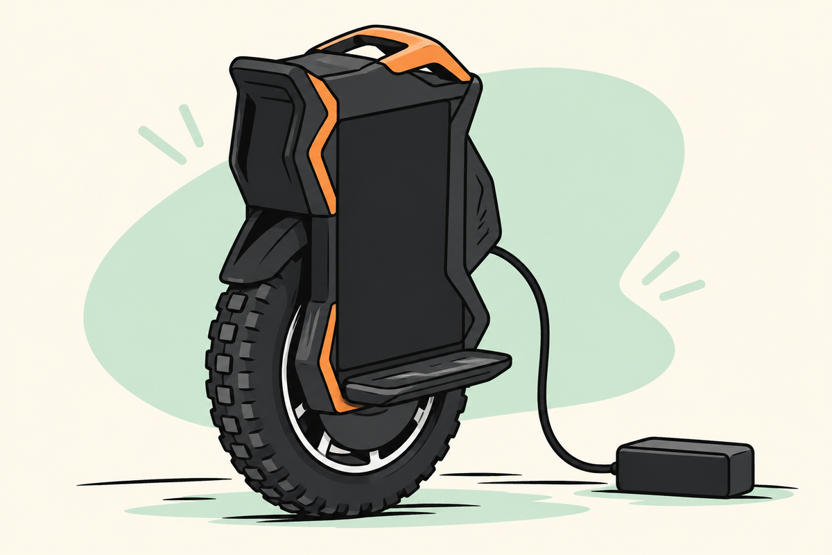 Comic panel hero: electric unicycle battery charging and care